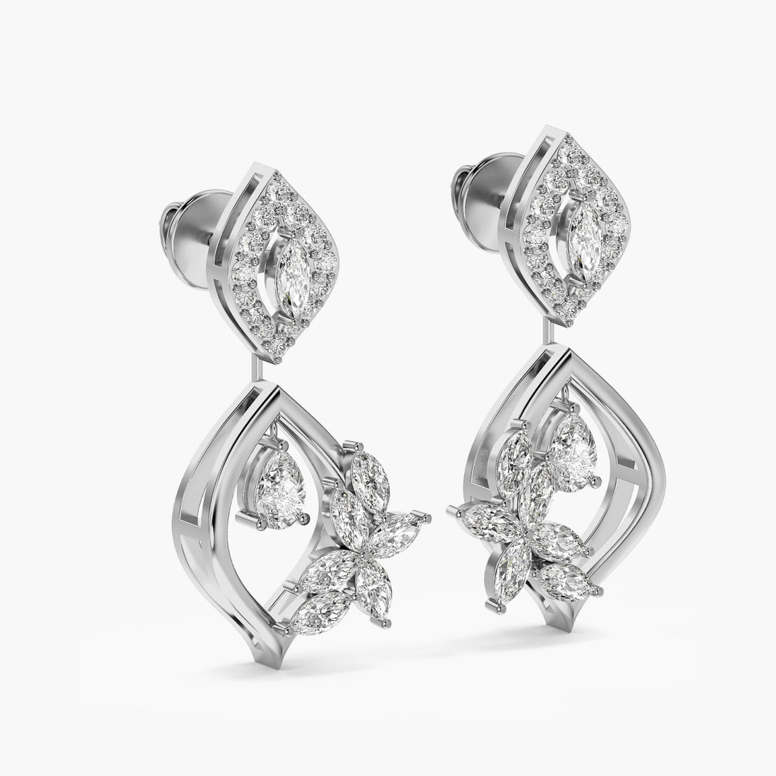 Floral Cascade Drops - 3D View in White Gold - Diamond Jewellery by Moena