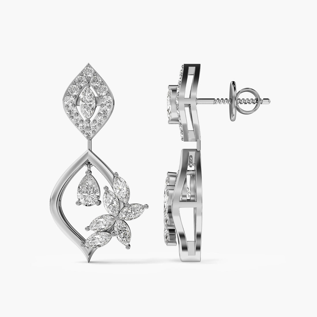 Floral Cascade Drops - Side View in White Gold - Diamond Jewellery by Moena