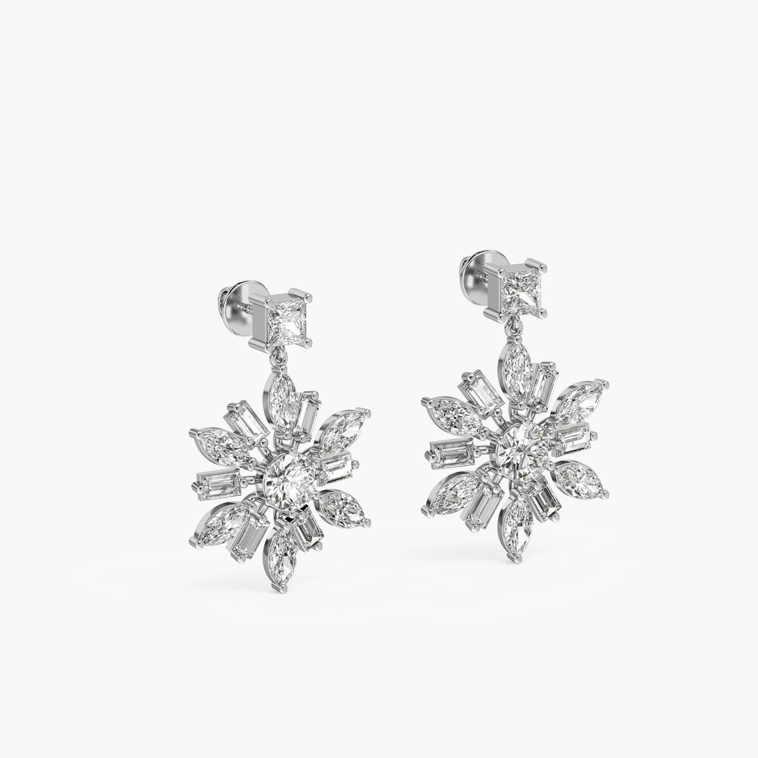 Snowburst Diamond Danglers - 3D View in White Gold - Diamond Jewellery by Moena