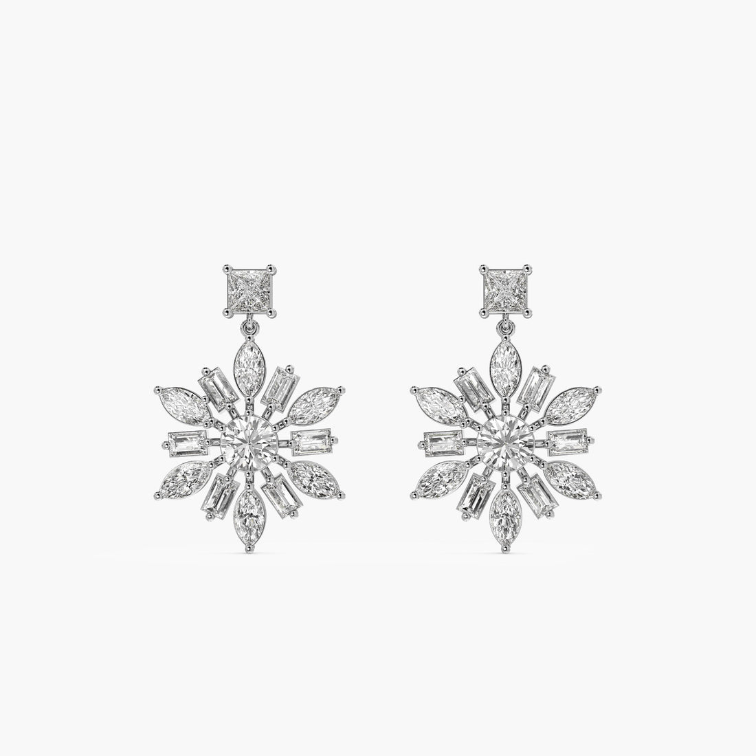 Snowburst Diamond Danglers - Front View in White Gold - Diamond Jewellery by Moena