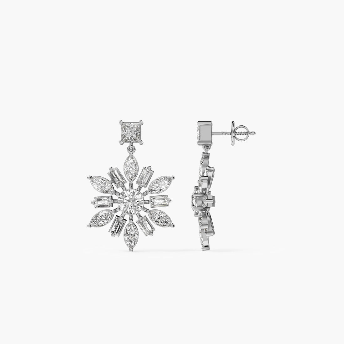 Snowburst Diamond Danglers - Side View in White Gold - Diamond Jewellery by Moena