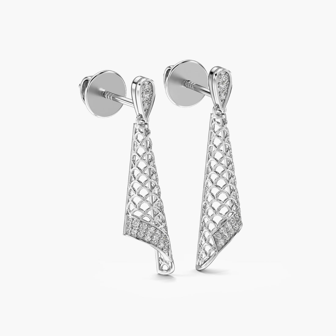 Regal Mesh Drop Earrings - 3D View in White Gold - Diamond Earring by Moena