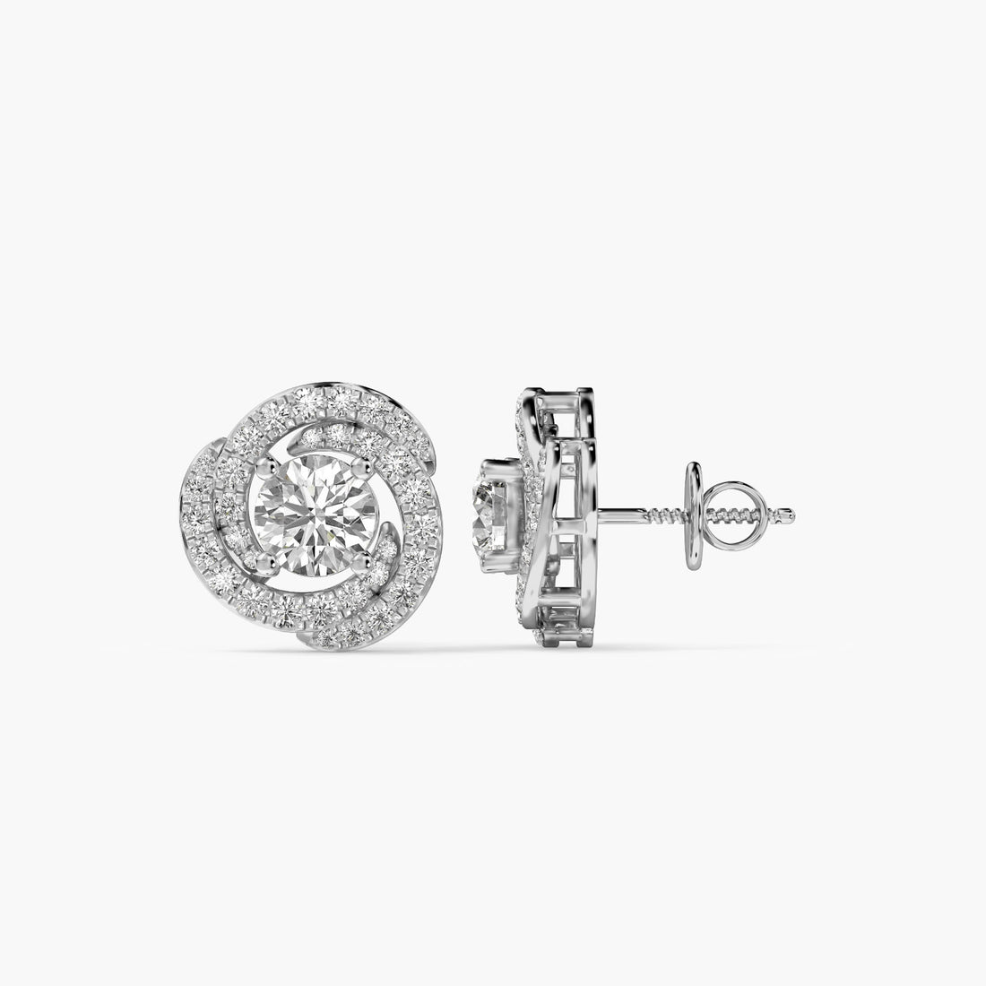 Sunburst Halo Stud Earrings - Side View in White Gold - Diamond Earring by Moena