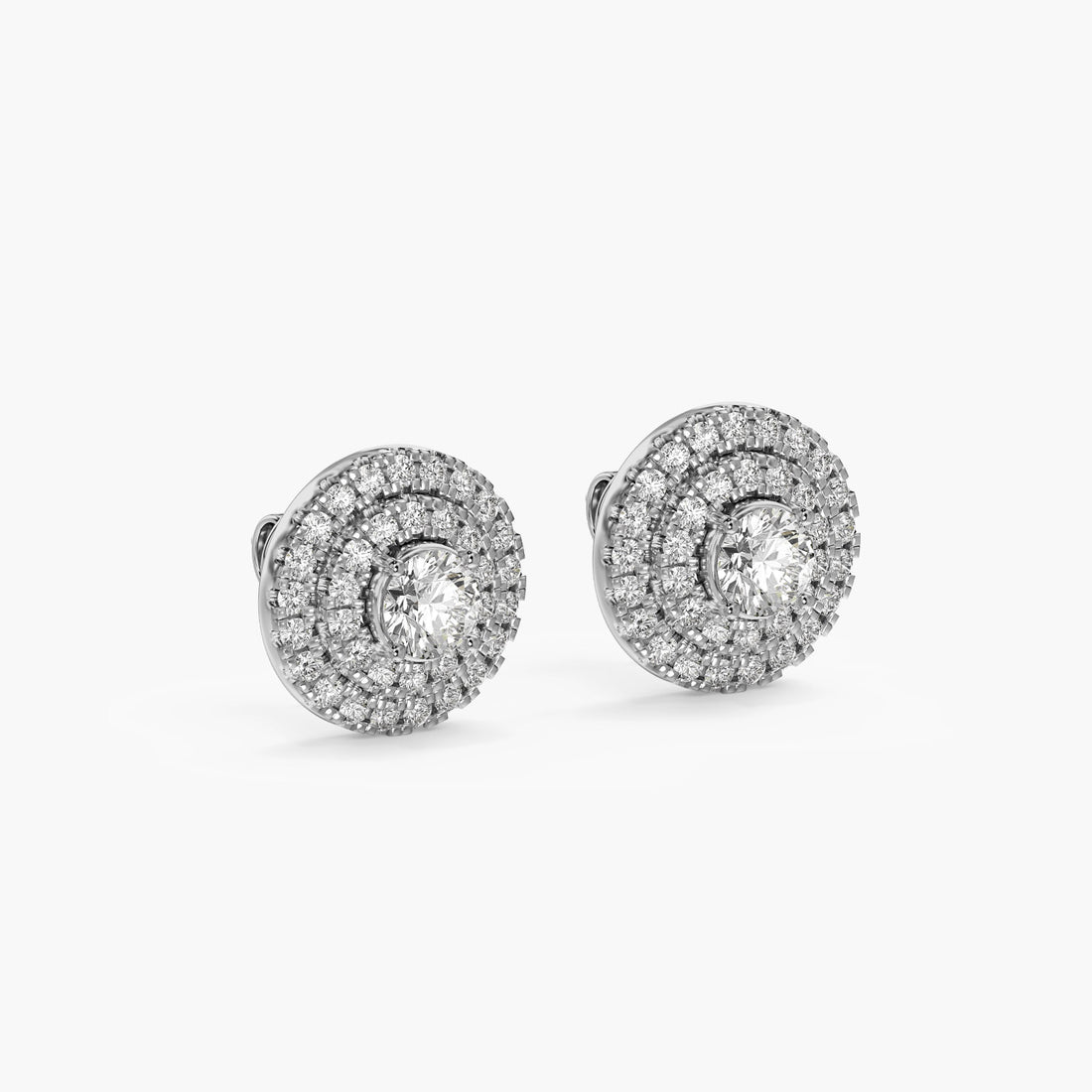 Classic Round Diamond Halo Studs - 3D View in White Gold - Round Diamond Stud by Moena