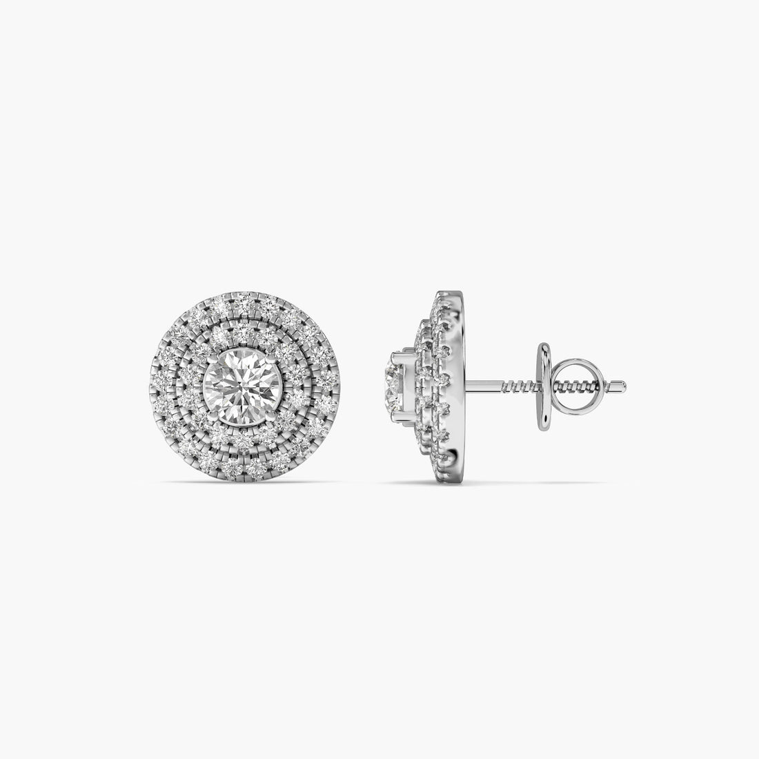 Classic Round Diamond Halo Studs - Side View in White Gold - Round Diamond Stud by Moena