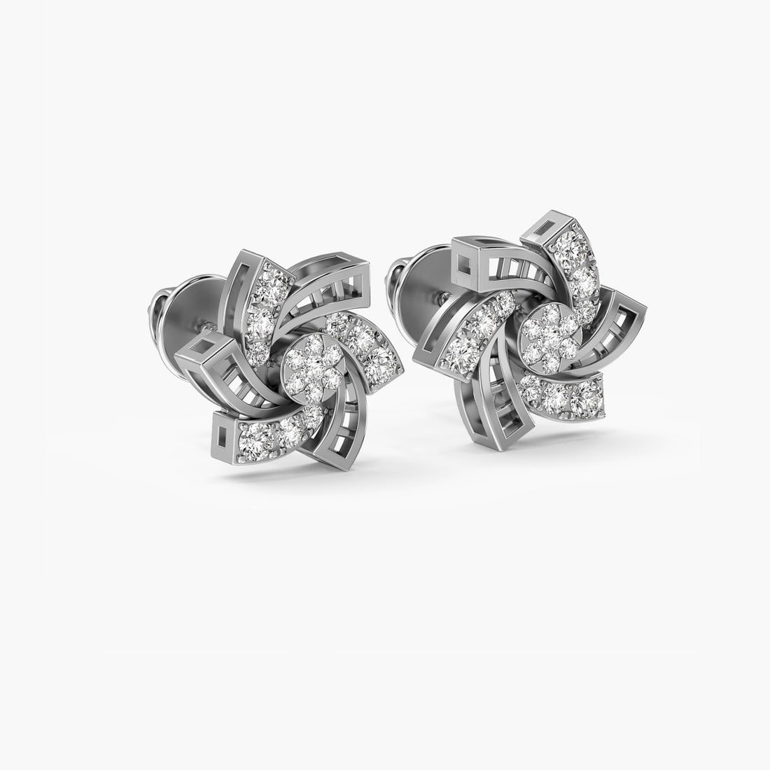 Spiral Bloom Lab-Grown Diamond Studs - 3D View in White Gold - Diamond Stud by Moena