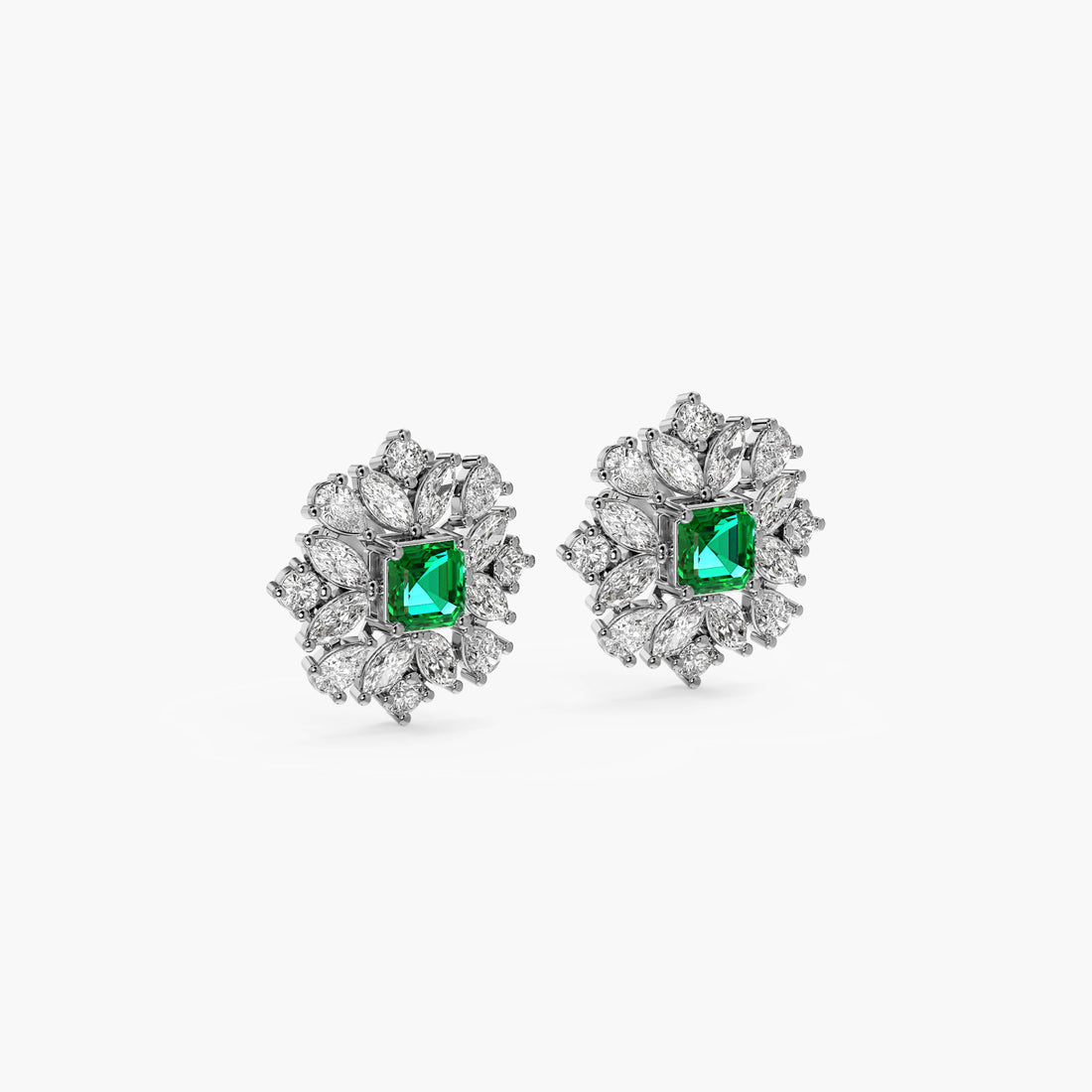 Green Bloom Stud Earrings - 3D View in White Gold - Diamond Earring by Moena