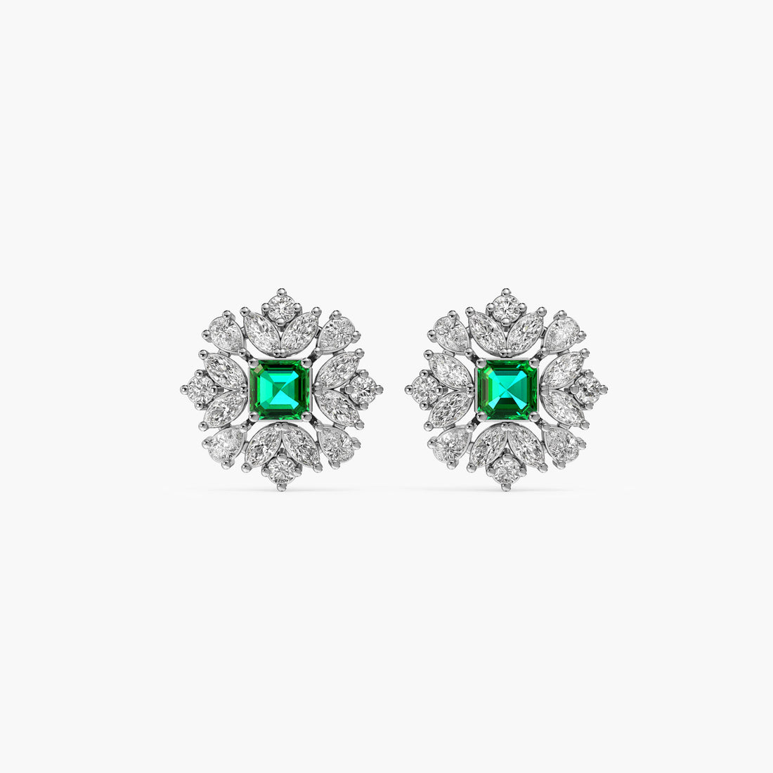 Green Bloom Stud Earrings - Front View in White Gold - Diamond Earring by Moena