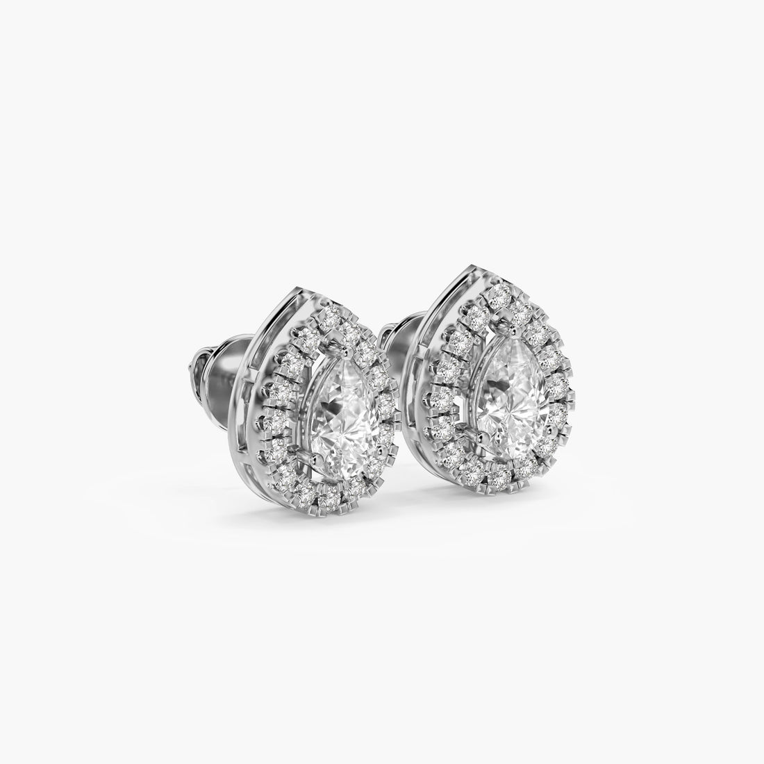 Pear Halo Stud Earrings - 3D View in White Gold - Pear Diamond Earring by Moena