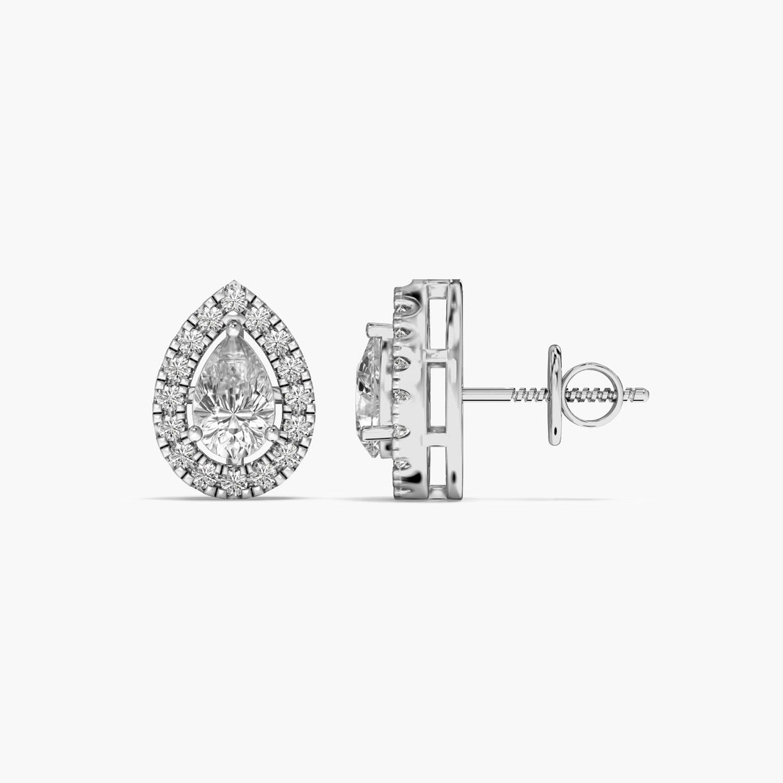 Pear Halo Stud Earrings - Side View in White Gold - Pear Diamond Earring by Moena