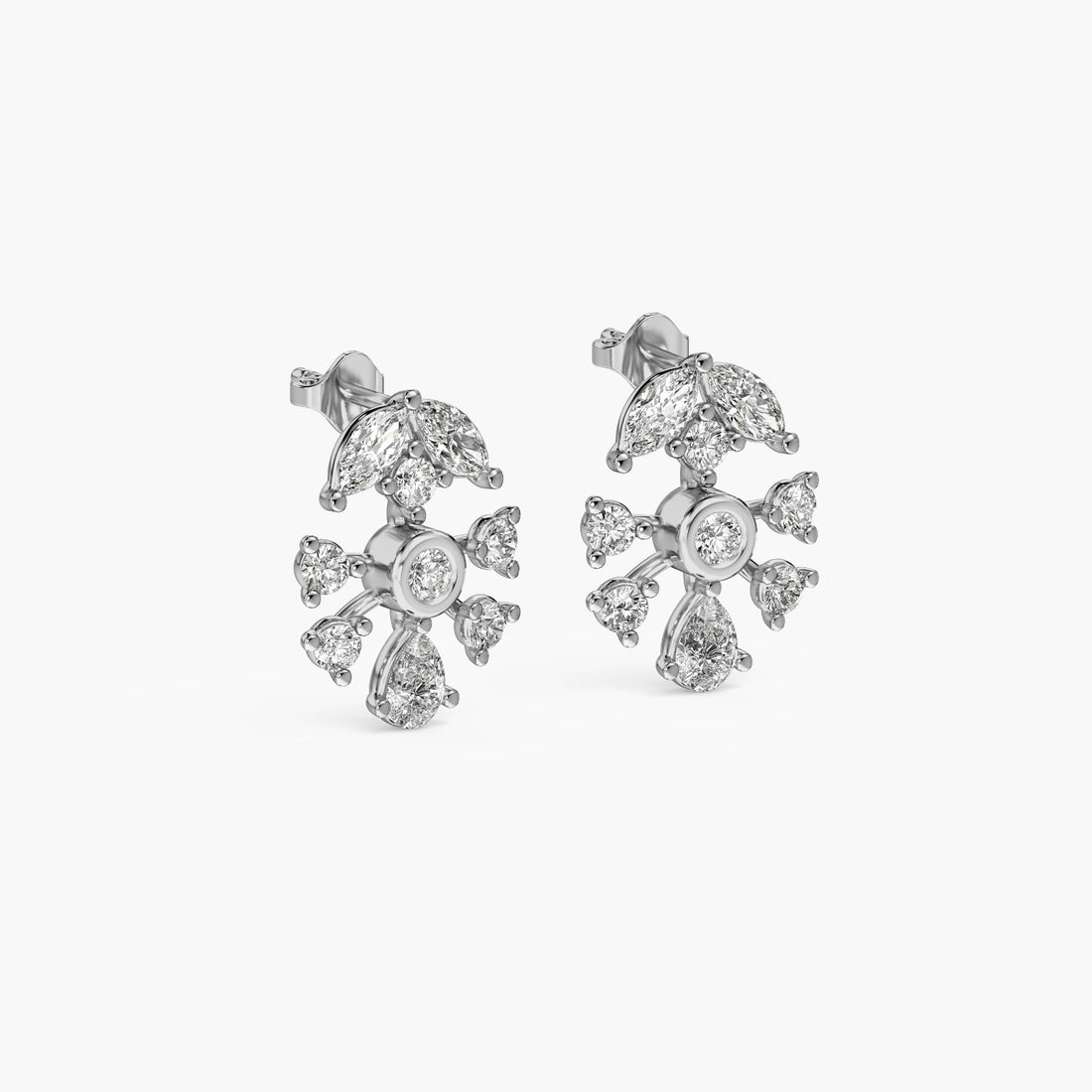 Snowflake Inspired Stud Earrings - 3D View in White Gold - Diamond Earring by Moena