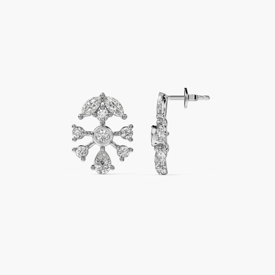 Snowflake Inspired Stud Earrings - Side View in White Gold - Diamond Earring by Moena