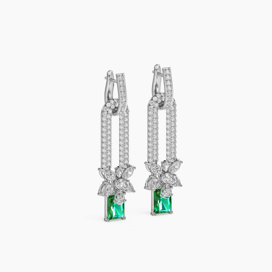Emerald Drop Floral Danglers - 3D View in White Gold - Emerald Diamond Jewellery by Moena