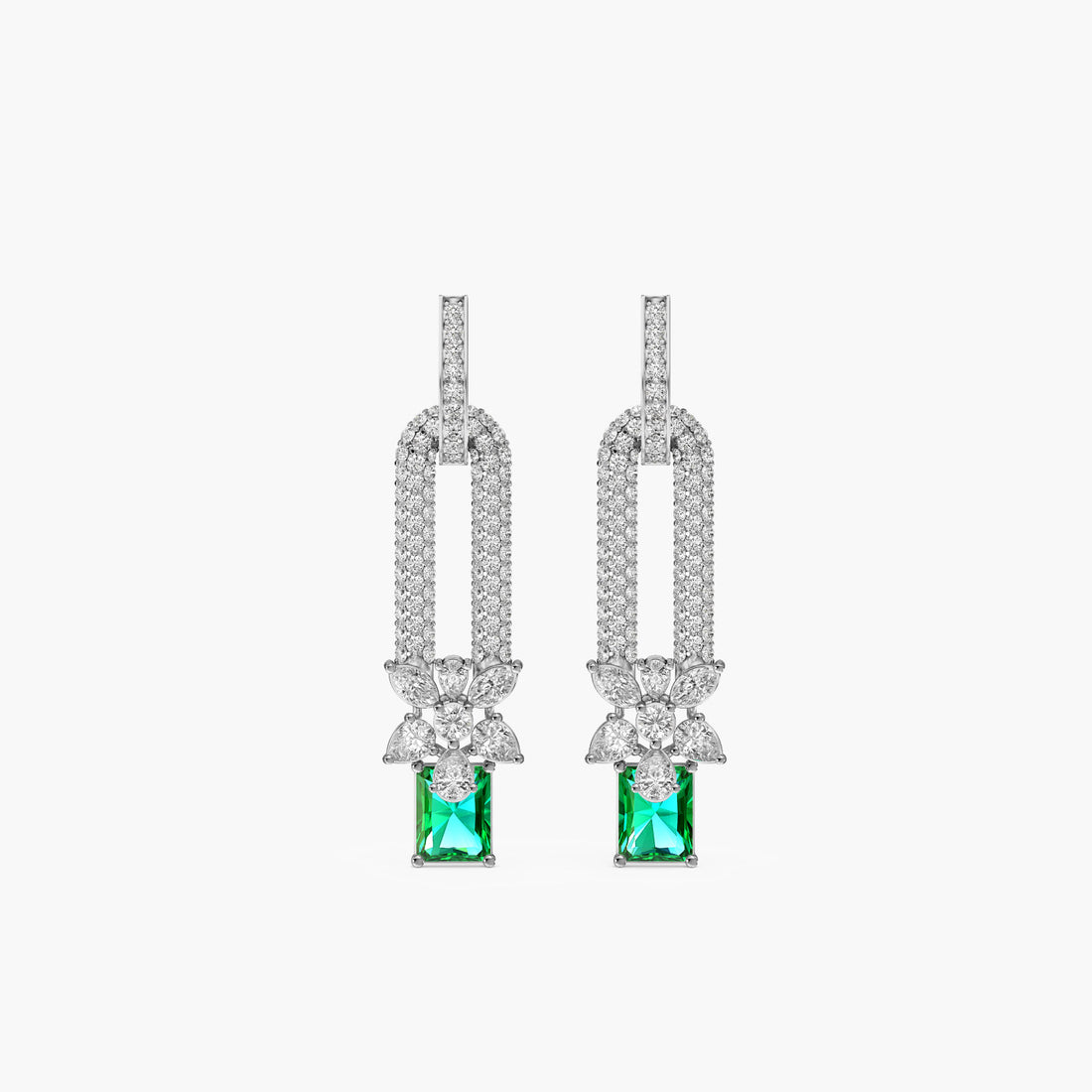 Emerald Drop Floral Danglers - Front View in White Gold - Emerald Diamond Jewellery by Moena