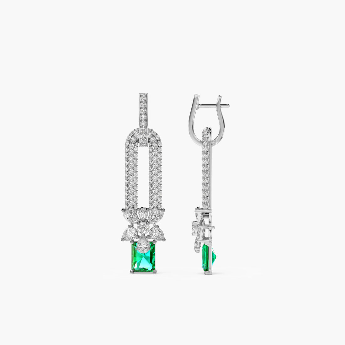Emerald Drop Floral Danglers - Side View in White Gold - Emerald Diamond Jewellery by Moena