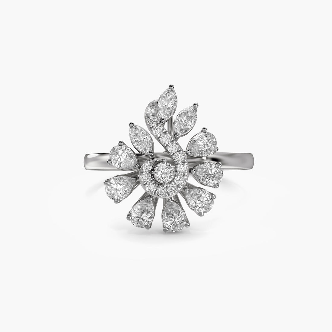Radiant Swirl Ring - Top View in White Gold - Radiant Diamond Ring by Moena