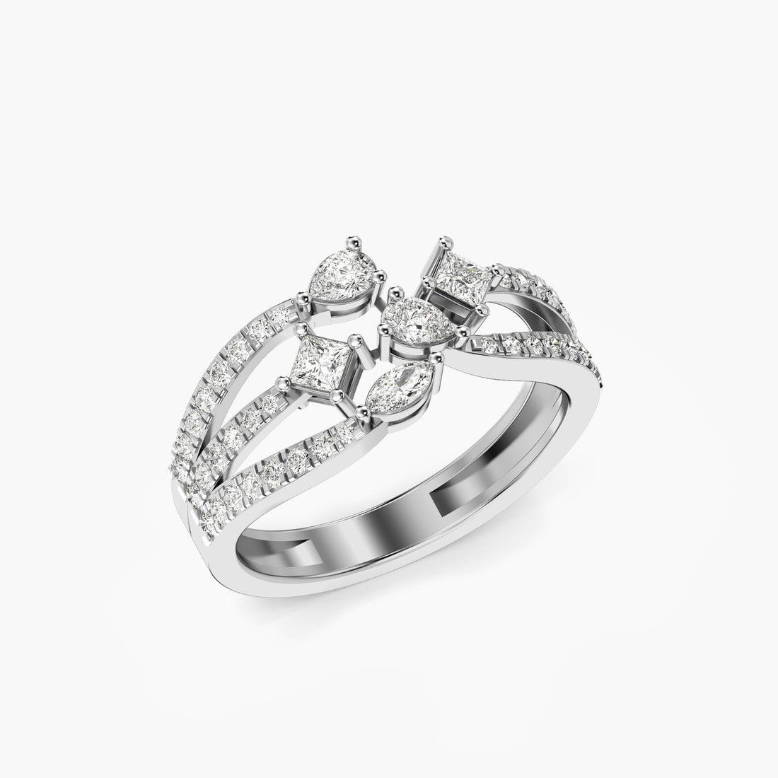 Graceful Crossover Diamond Ring - 3D View in White Gold - Diamond Ring by Moena