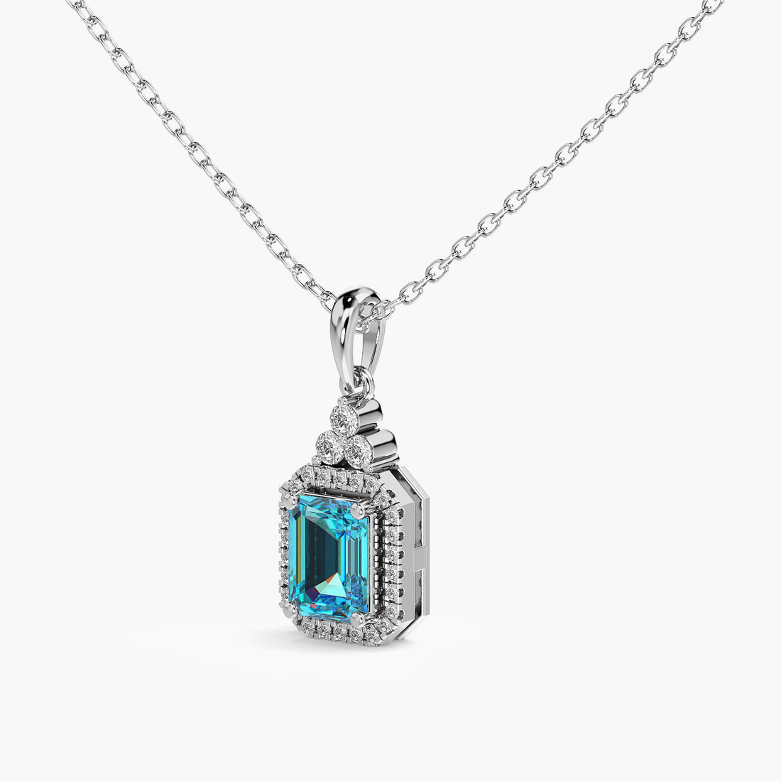 Blue Topaz and Lab-Grown Diamond Pendant - 3D View in White Gold - Diamond Pendant by Moena