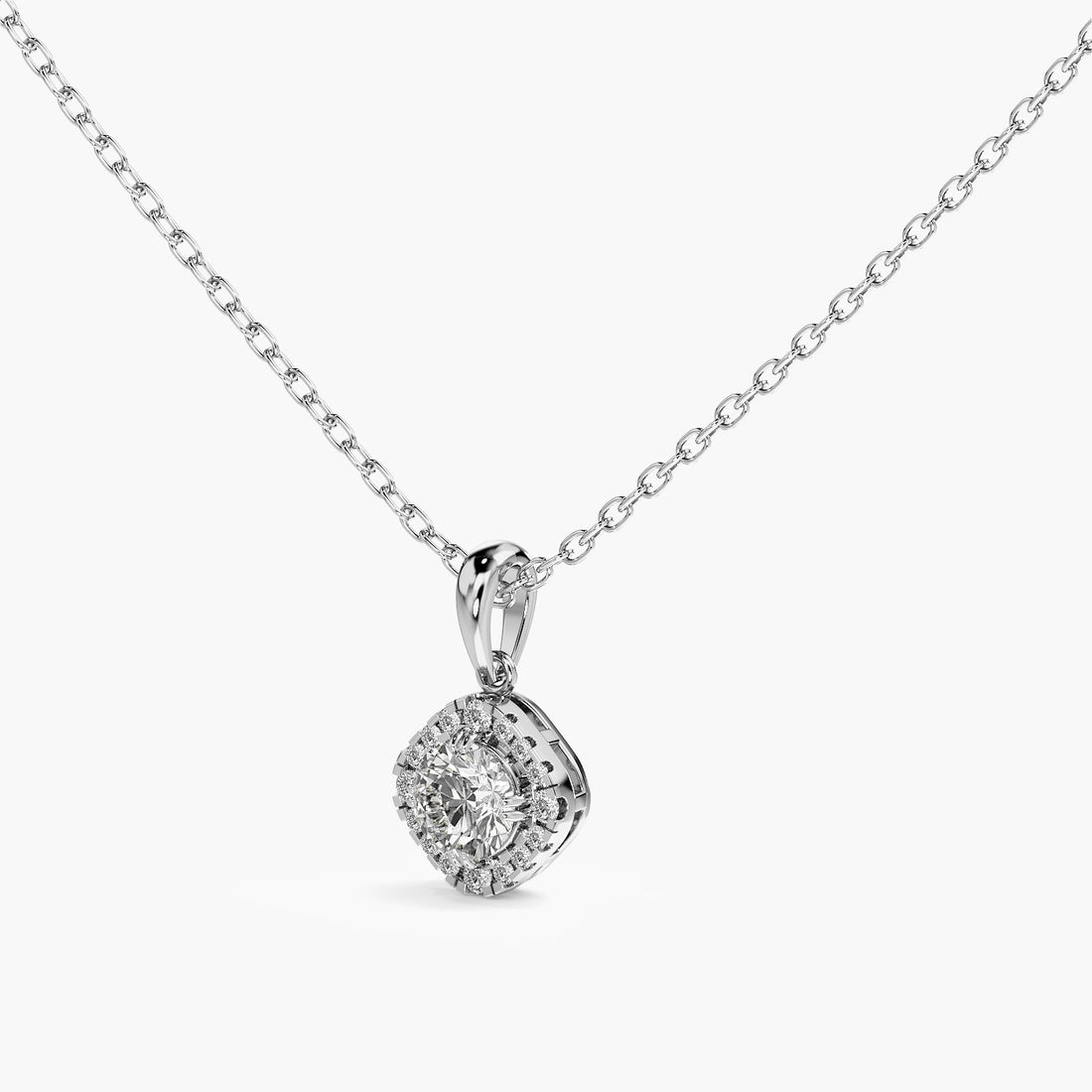 Cushion Halo Lab-Grown Diamond Necklace(With Chain) - 3D View in White Gold - Cushion Diamond Pendant by Moena