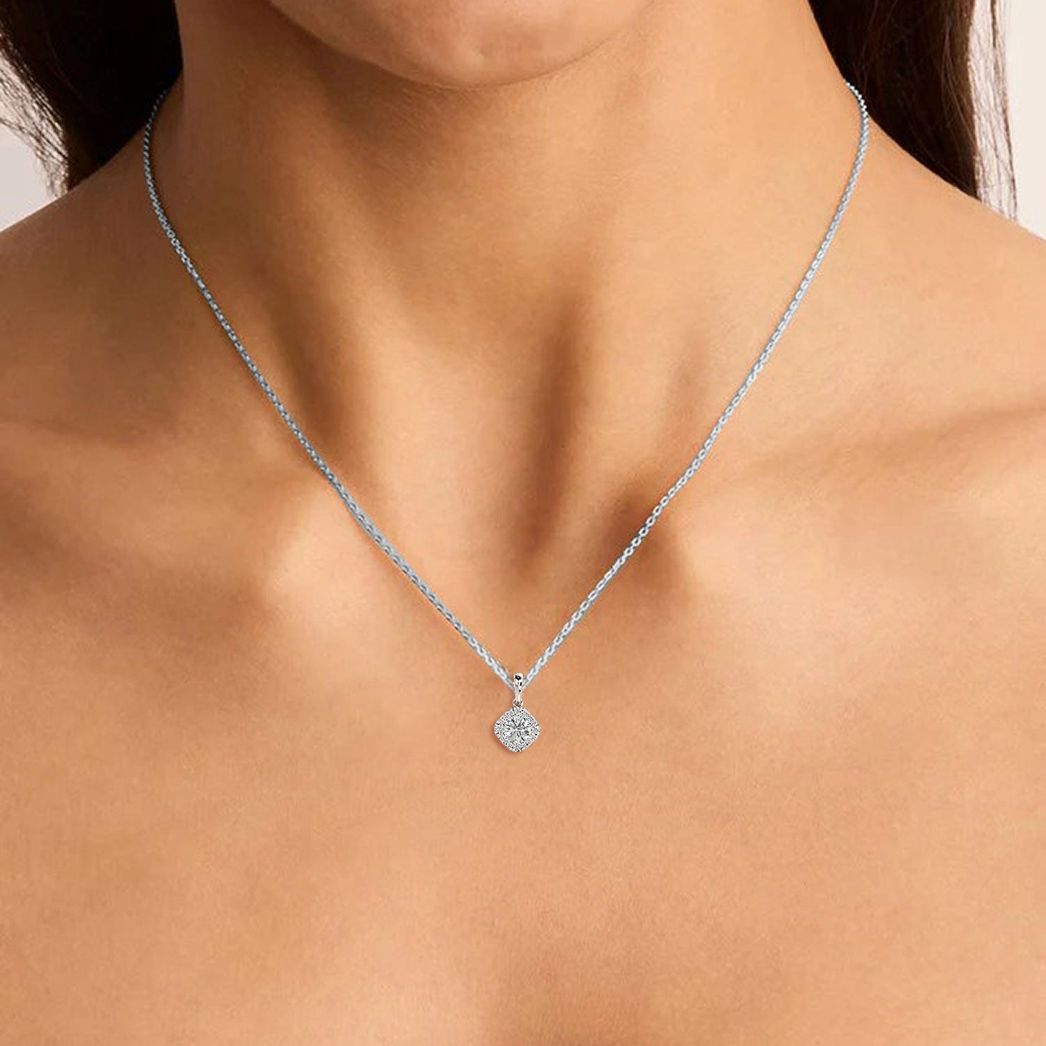 Cushion Halo Lab-Grown Diamond Necklace(With Chain) - MOENA | Lab Grown Diamond Jewellery