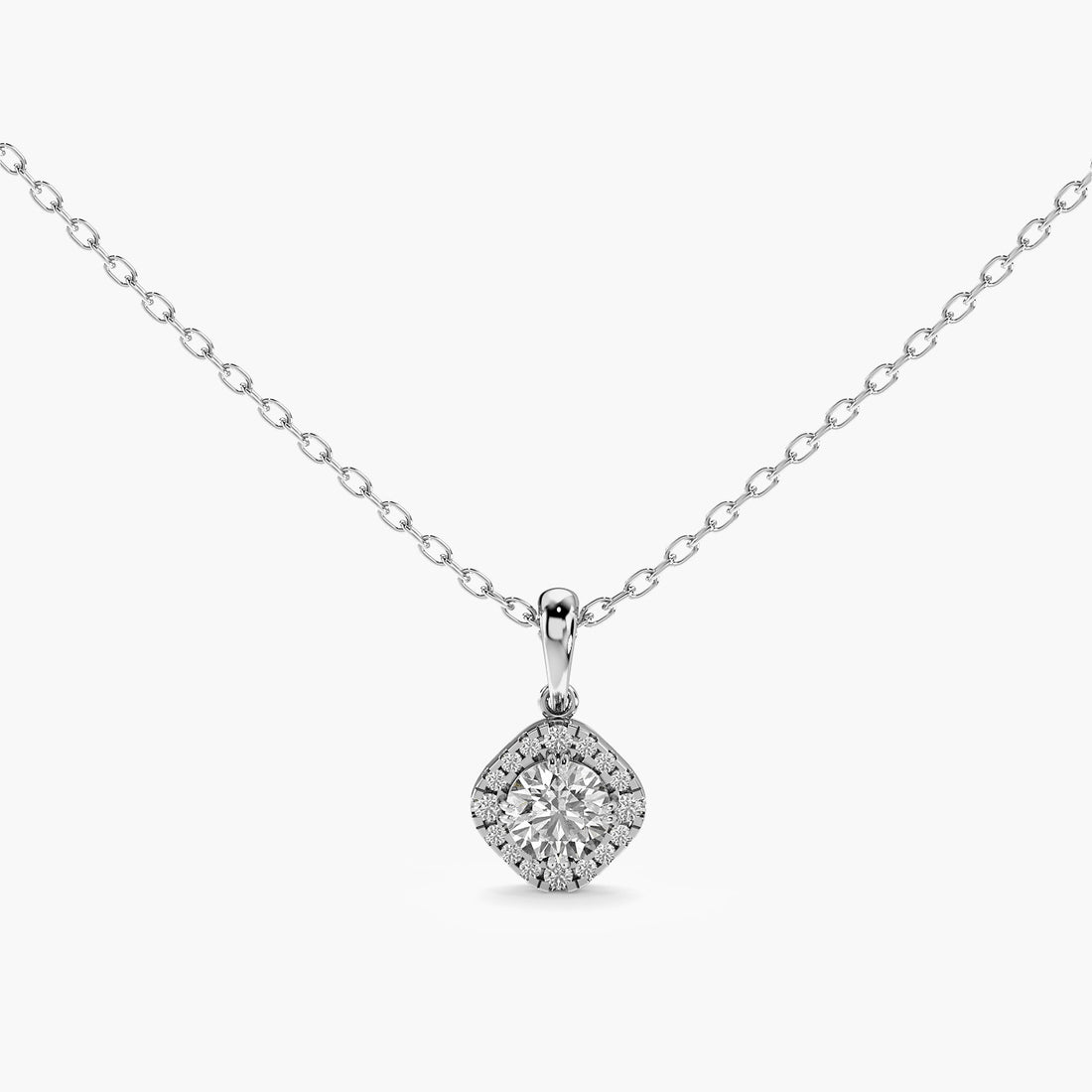 Cushion Halo Lab-Grown Diamond Necklace(With Chain) - Standard View in White Gold - Cushion Diamond Pendant by Moena