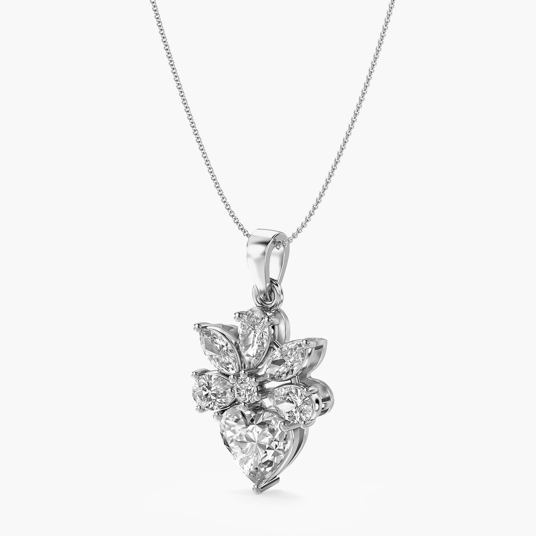 Floral Heart Diamond Pendant - 3D View in White Gold - Heart Diamond Pendant by Moena