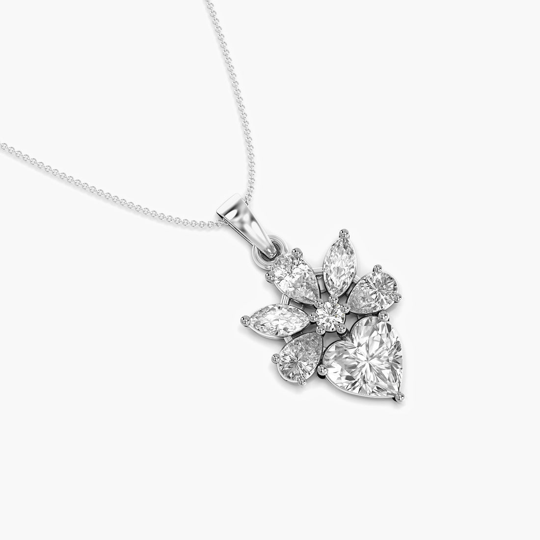 Floral Heart Diamond Pendant - Top View in White Gold - Heart Diamond Pendant by Moena