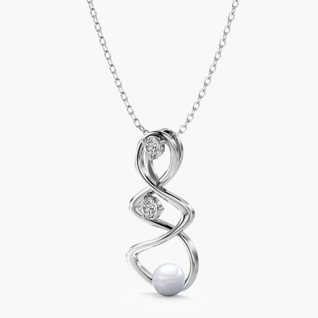 Infinity Pearl and Diamond Pendant(With Chain) - 3D View in White Gold - Diamond Pendant by Moena