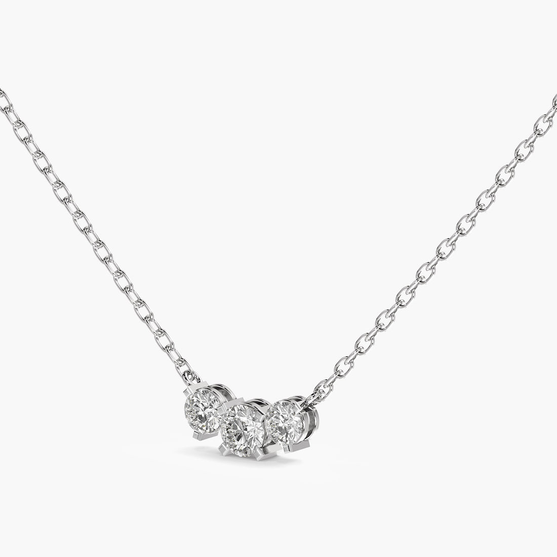 Three-Stone Lab-Grown Diamond Necklace(With Chain) - 3D View in White Gold - Diamond Pendant by Moena