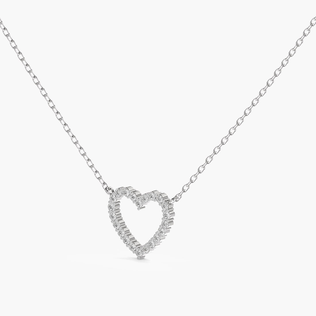 Open Heart Lab-Grown Diamond Necklace(With Chain) - 3D View in White Gold - Heart Diamond Pendant by Moena