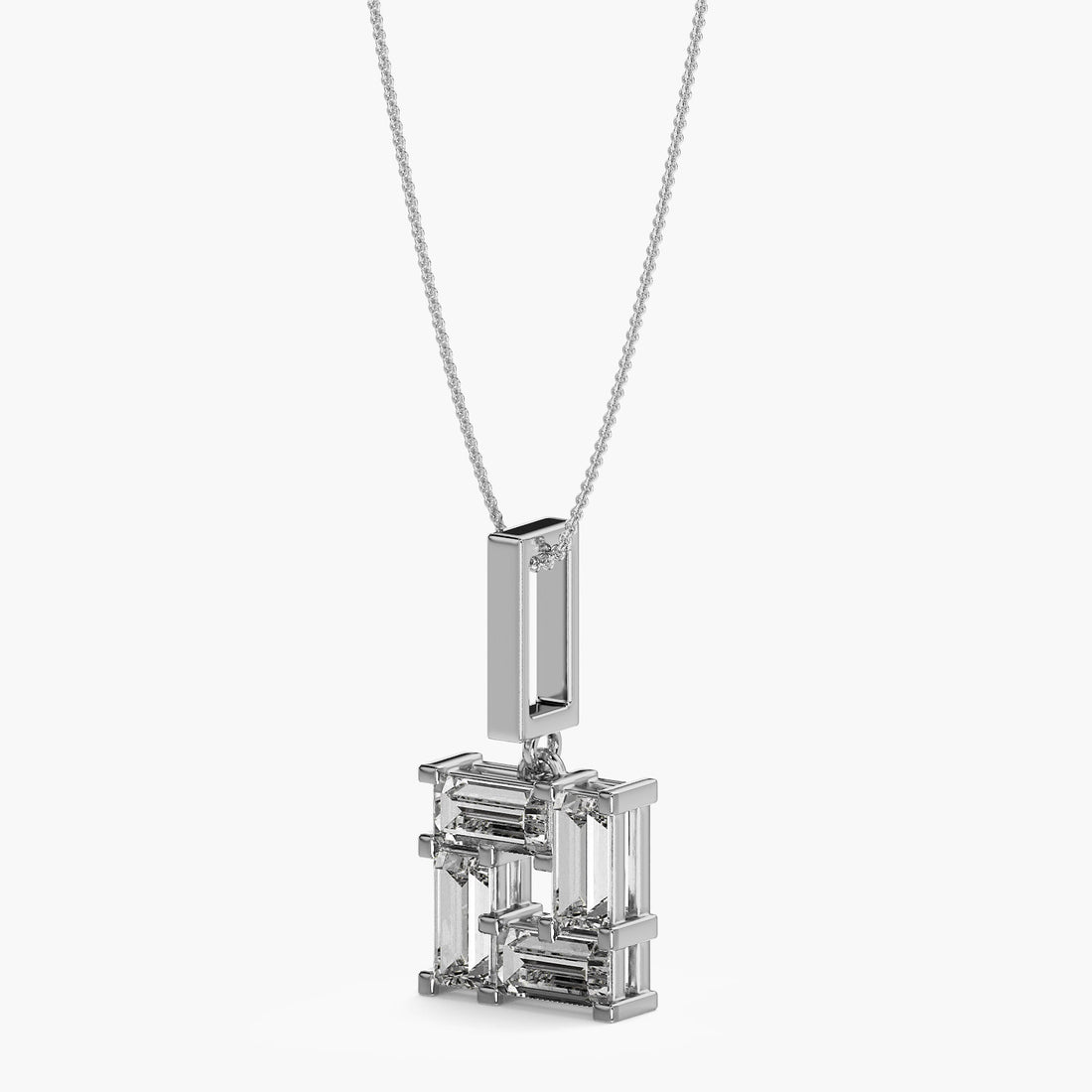 Baguette Square Pendant (With chain) - 3D View in White Gold - Baguette Diamond Pendant by Moena