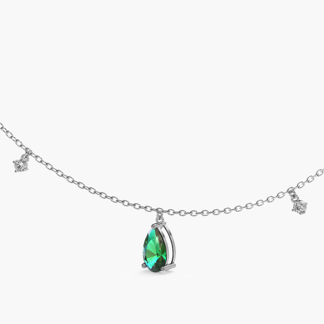 Emerald Charms Necklace (With chain) - 3D View in White Gold - Emerald Diamond Pendant by Moena