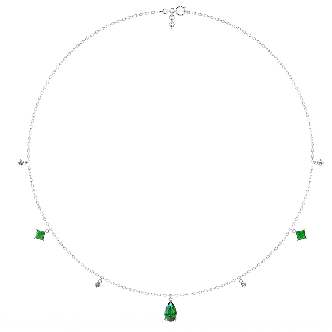 Emerald Charms Necklace (With chain) - Front View in White Gold - Emerald Diamond Pendant by Moena