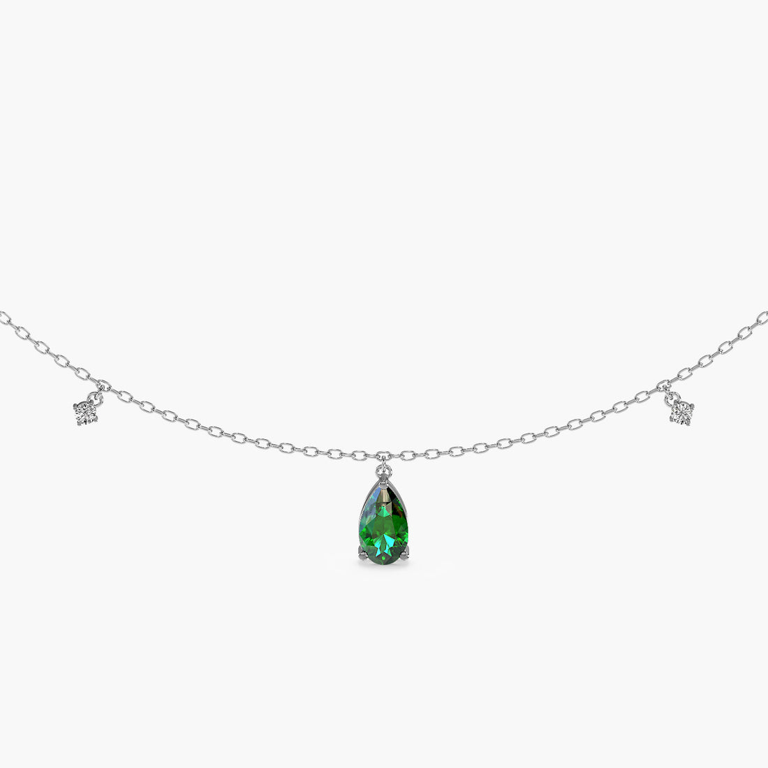 Emerald Charms Necklace (With chain) - Standard View in White Gold - Emerald Diamond Pendant by Moena