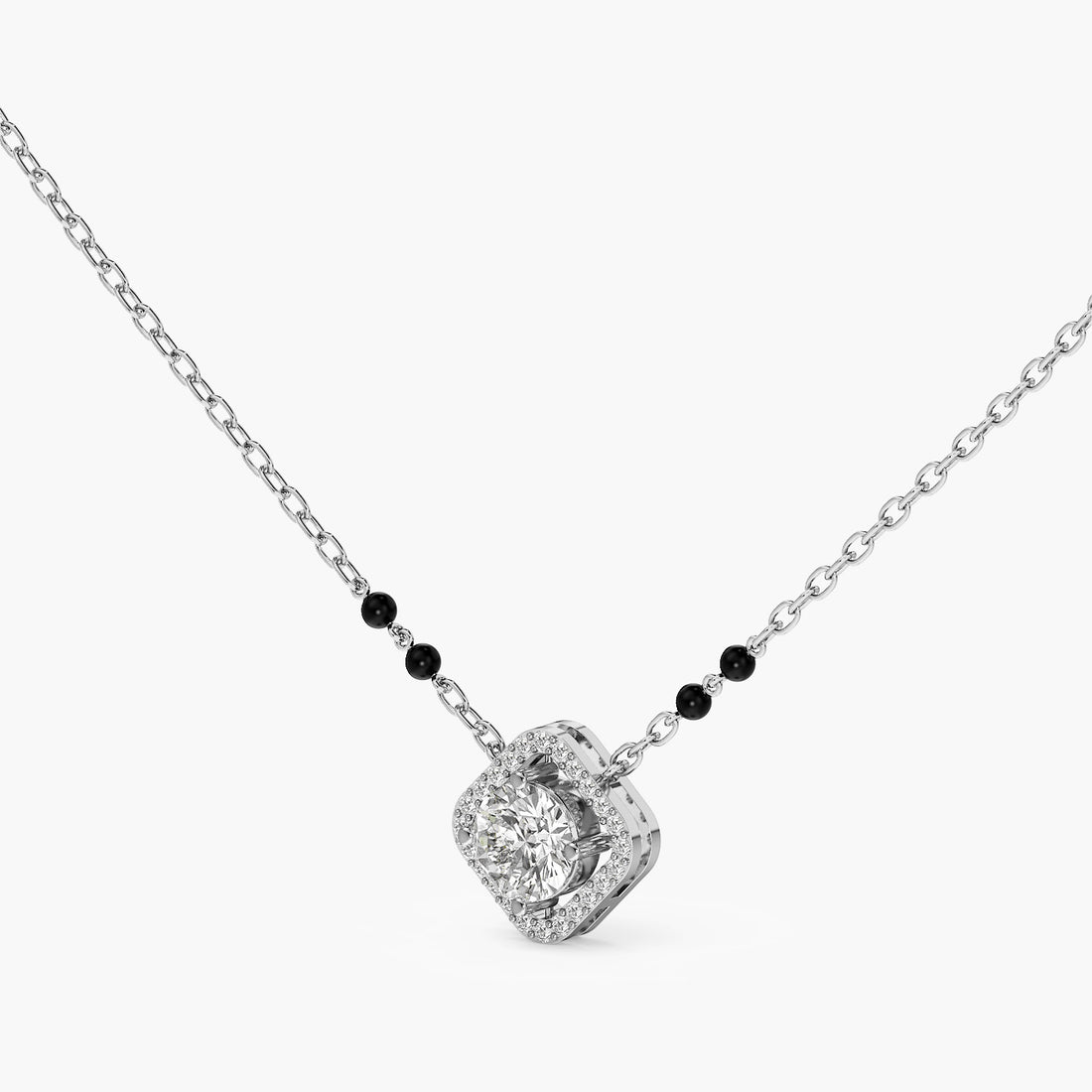 Square Halo Mangalsutra - 3D View in White Gold - Diamond Pendant by Moena
