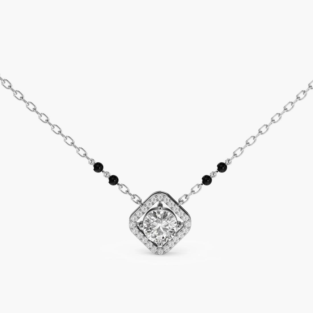 Square Halo Mangalsutra - Front View in White Gold - Diamond Pendant by Moena