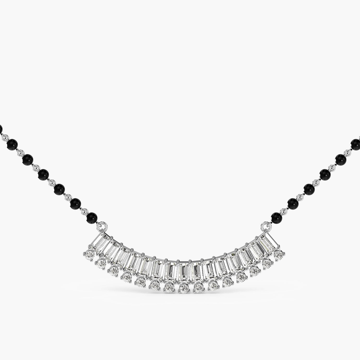 Baguette Fan Mangalsutra - Front View in White Gold - Baguette Diamond Pendant by Moena