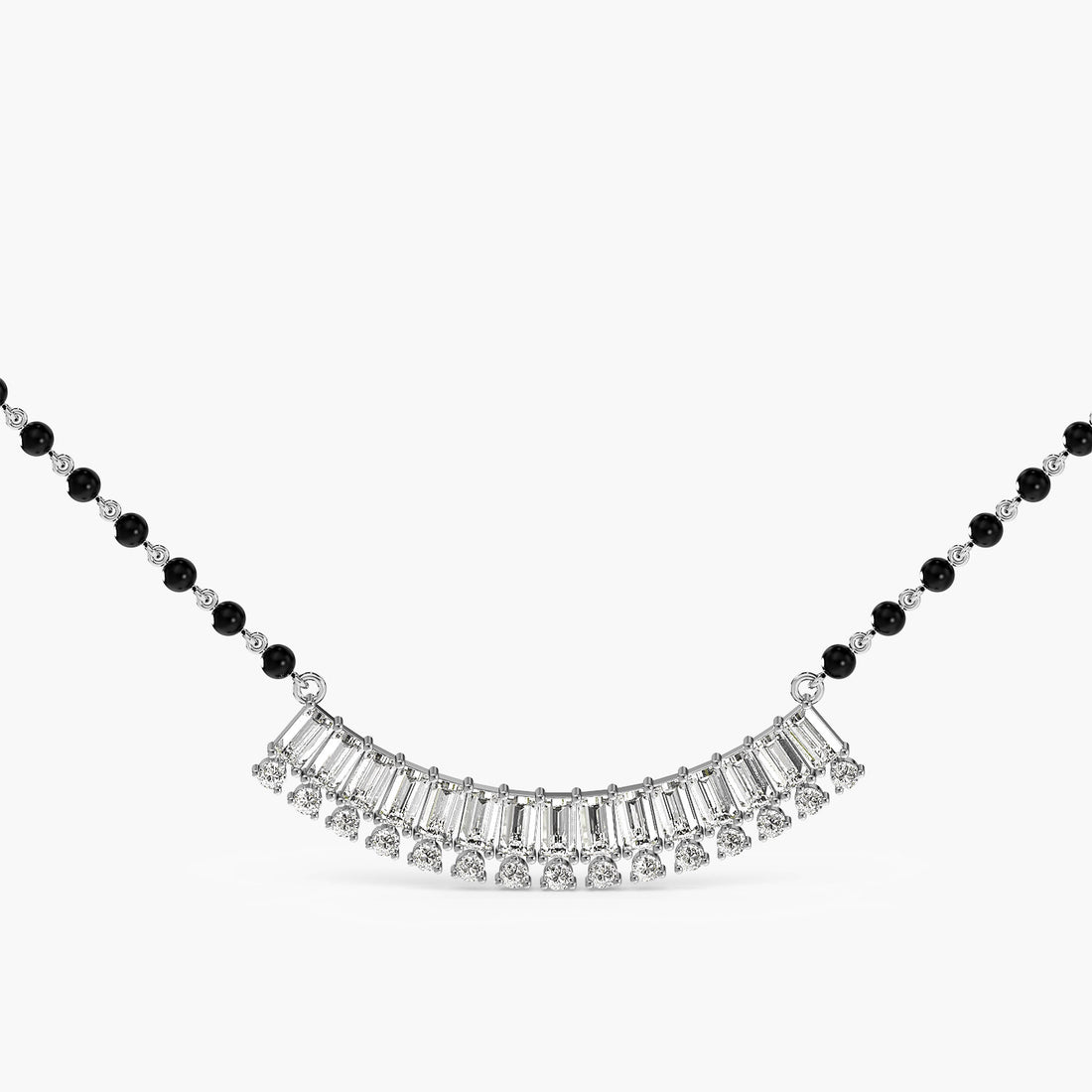 Baguette Fan Mangalsutra - Front View in White Gold - Baguette Diamond Pendant by Moena