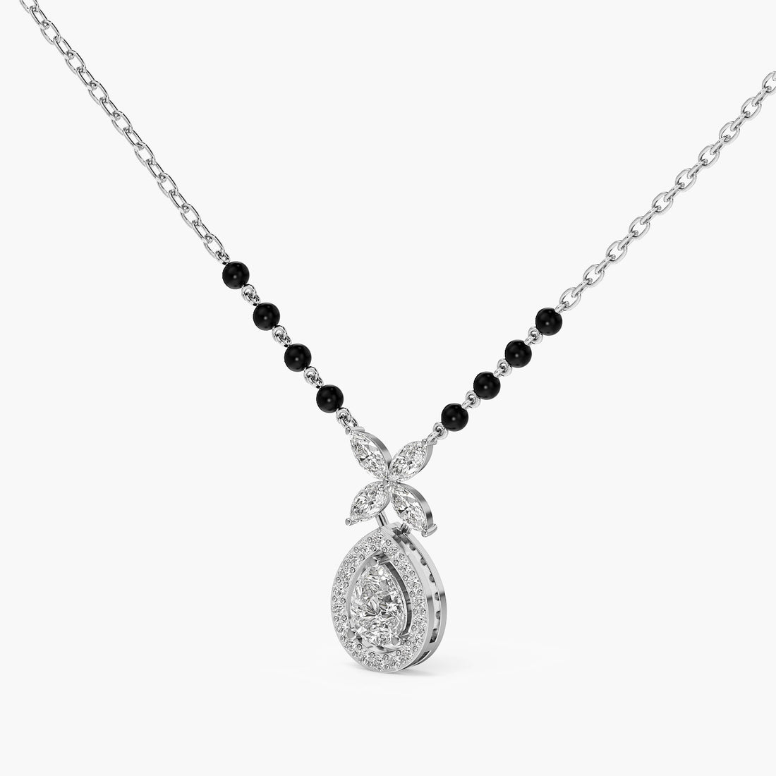 Floral Teardrop Mangalsutra - 3D View in White Gold - Diamond Pendant by Moena