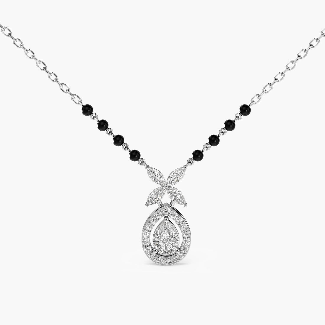Floral Teardrop Mangalsutra - Front View in White Gold - Diamond Pendant by Moena