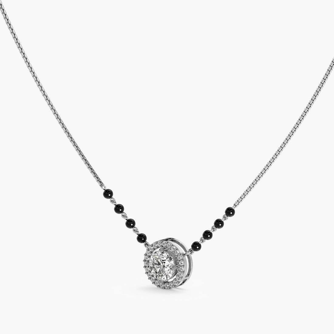 Classic Halo Mangalsutra Set (With chain) - 3D View in White Gold - Diamond Pendant by Moena