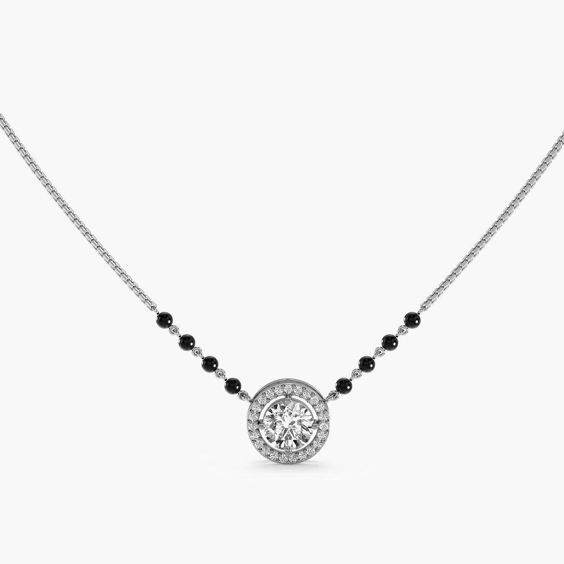 Classic Halo Mangalsutra Set (With chain) - Standard View in White Gold - Diamond Pendant by Moena