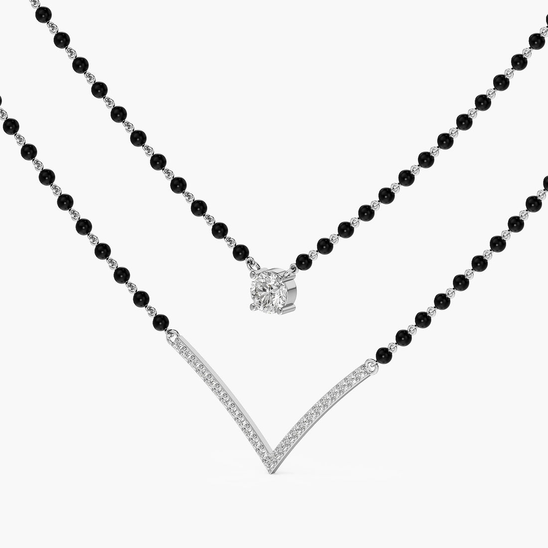 Layered V Solitaire Mangalsutra - 3D View in White Gold - Diamond Pendant by Moena