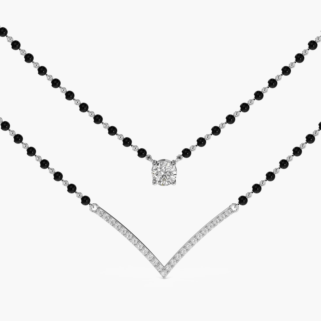 Layered V Solitaire Mangalsutra - Front View in White Gold - Diamond Pendant by Moena