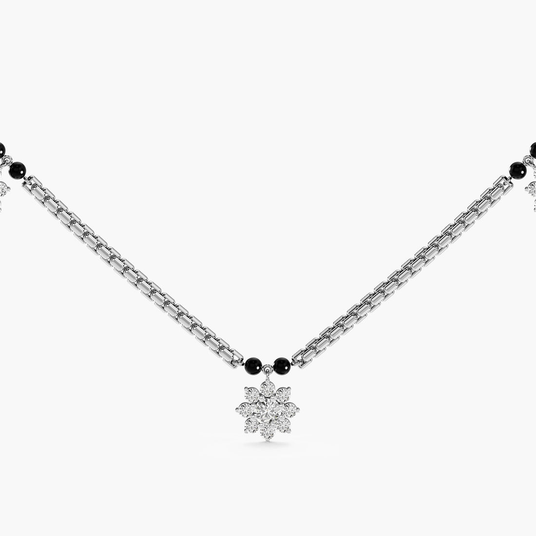 Bold Link Floral Mangalsutra - Front View in White Gold - Diamond Pendant by Moena