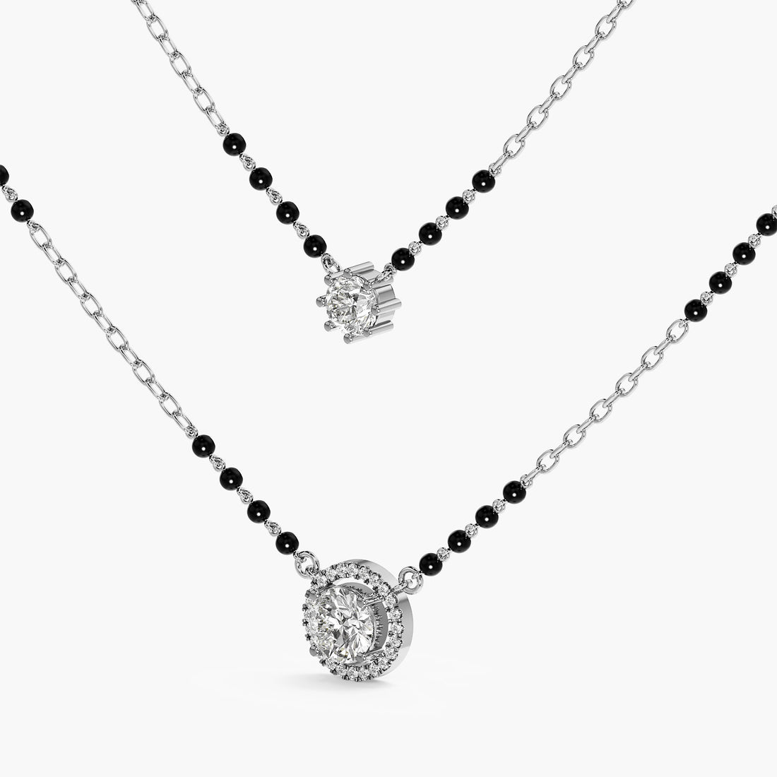 Halo & Solitaire Mangalsutra Set - 3D View in White Gold - Diamond Pendant by Moena