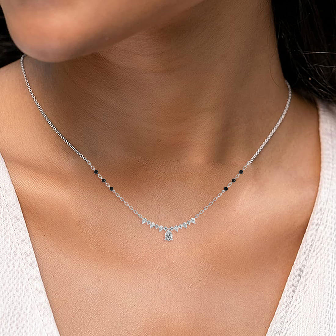 Pear Cascade Mangalsutra - Standard View in White Gold - Pear Diamond Pendant by Moena