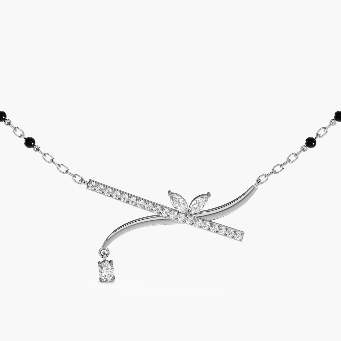 Contemporary Leafline Mangalsutra - Front View in White Gold - Diamond Pendant by Moena