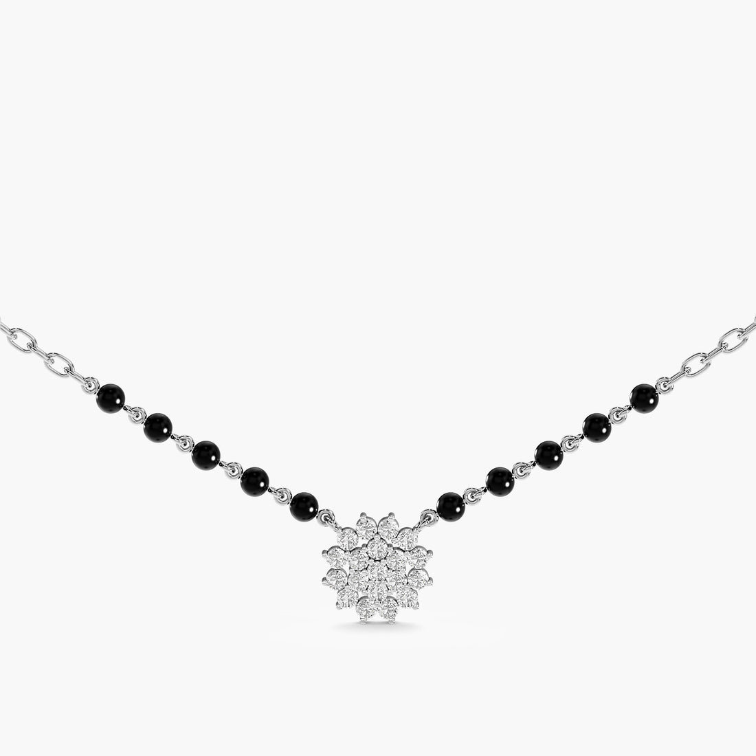 Classic Floral Cluster Mangalsutra - Full View in White Gold - Diamond Pendant by Moena