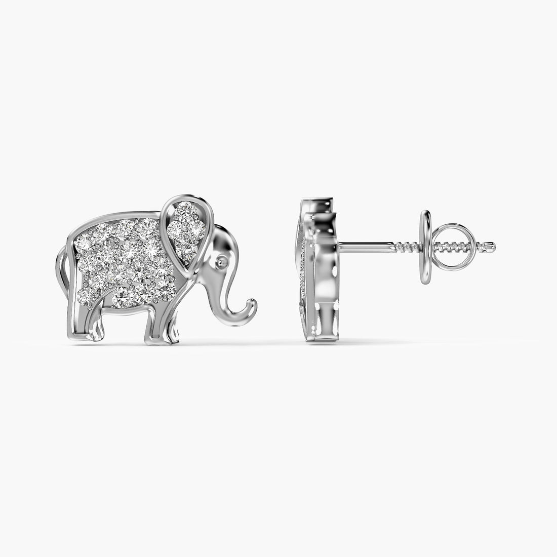 Elephant Motif Lab-Grown Diamond Earrings - Side View in White Gold - Diamond Earring by Moena